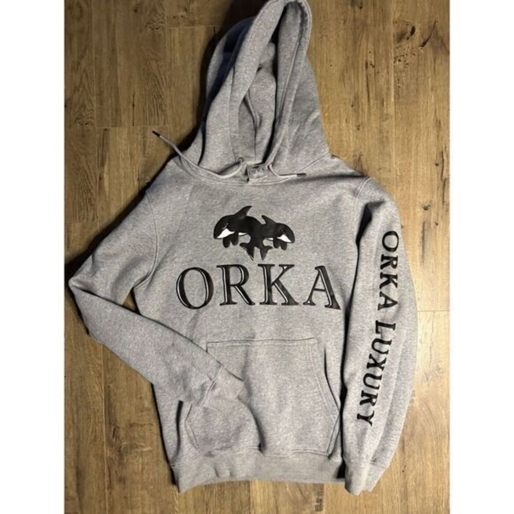 Orka Luxury‎ Mens Heather Gray Graphic Hoodie Sweatshirt Size Medium Streetwear
